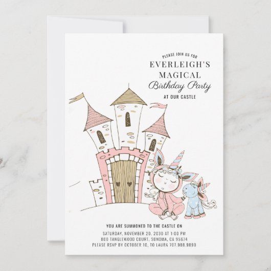 Invitation Château Magique Unicorn Aquarelle Anniversaire (Devant)