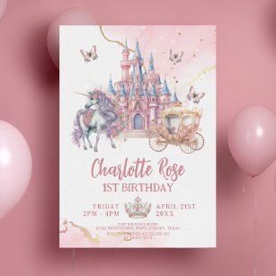 Invitation Château magique Unicorn Rose Princesse 1er anniver