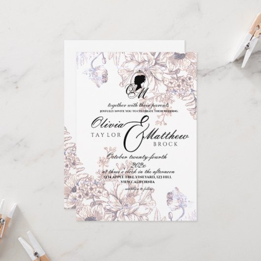 Invitation Château Mariage Jardin Flora Beige Élégant Script (Devant/Arrière en situation)