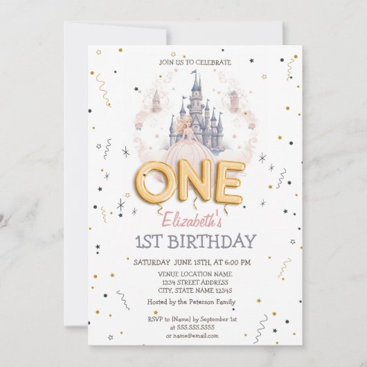 Invitation Château Nuages Princesse Conte de Fées 1er Anniver (Devant)