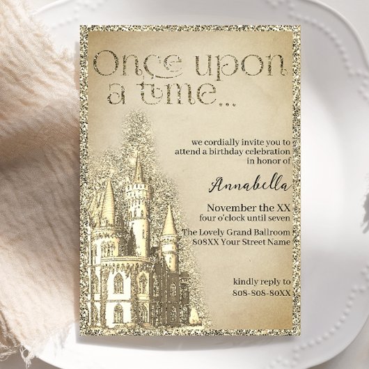 Invitation Château Pailleté Or Thème de Conte de Fées