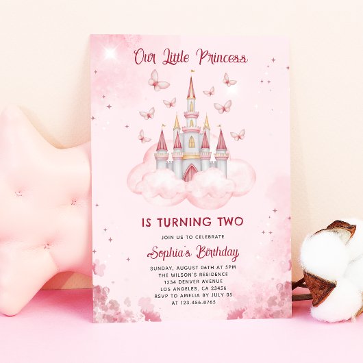 Invitation Château Princess | Aquarelle rose fille Anniversai