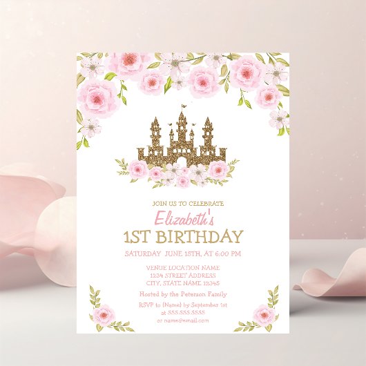 Invitation Château Princess, Fleurs, Anniversaire rayé