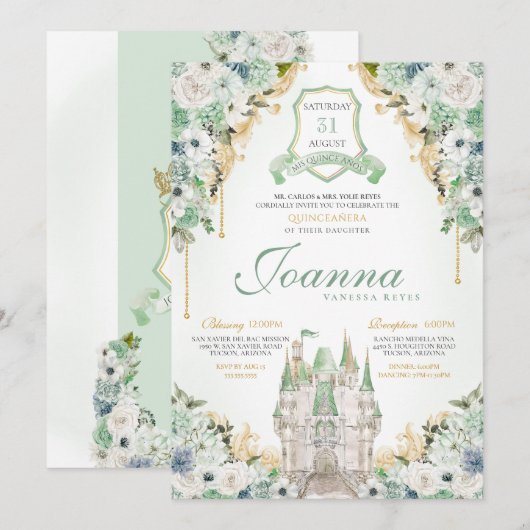 Invitation Château Princess Royal Mint Green Quinceanera (Devant / Derrière)