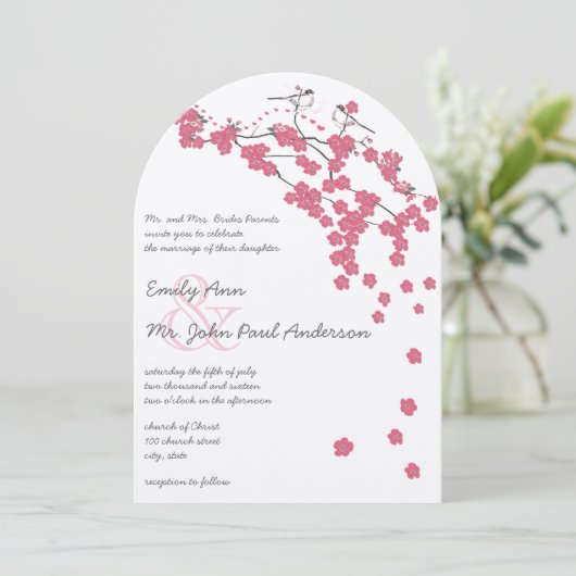Invitation Château Rose Cerisier Fleur Rose Mésange Mariage (Debout devant)