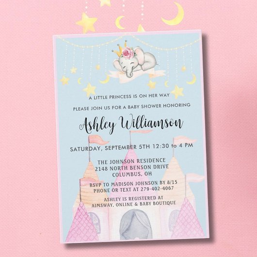 Invitation Château rose de charme Princesse Baby shower fille