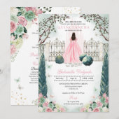 Invitation Château rose Fairytale Jardin enchanté Quinceanera (Devant / Derrière)