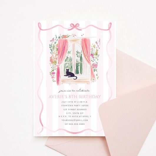Invitation Chateau rose Ribbon Coquette Chat Anniversaire