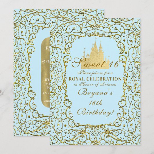 Invitation Château Royal Bleu clair et or Princesse Douce 16  (Devant / Derrière)