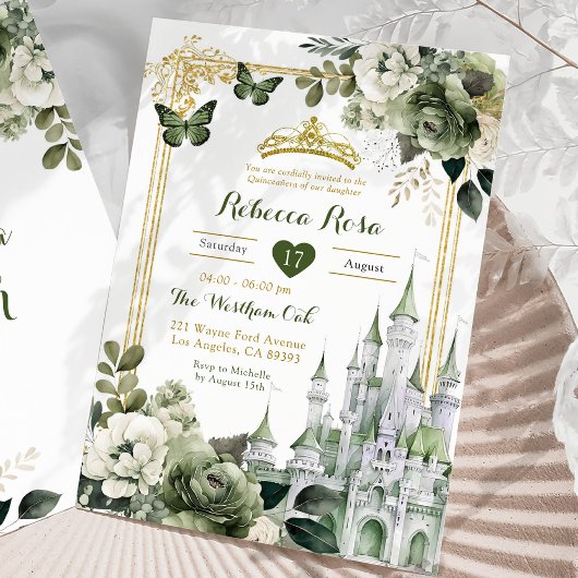 Invitation Château Royal Couronne Sage Green Royal Quinceañer