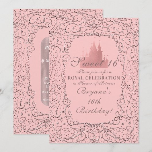 Invitation Château Royal Rose Gold Rose Princesse Douce 16 (Devant / Derrière)