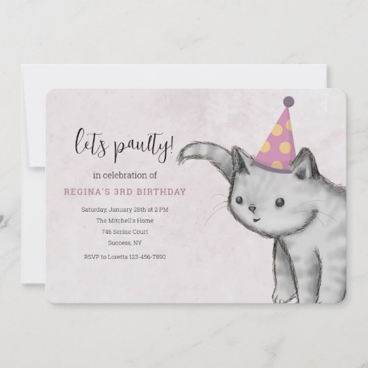 Invitation Chaton avec Chapeau de Fête (Devant)
