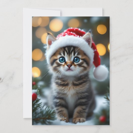 Invitation Chaton avec un bonnet de Noël rouge (Devant)