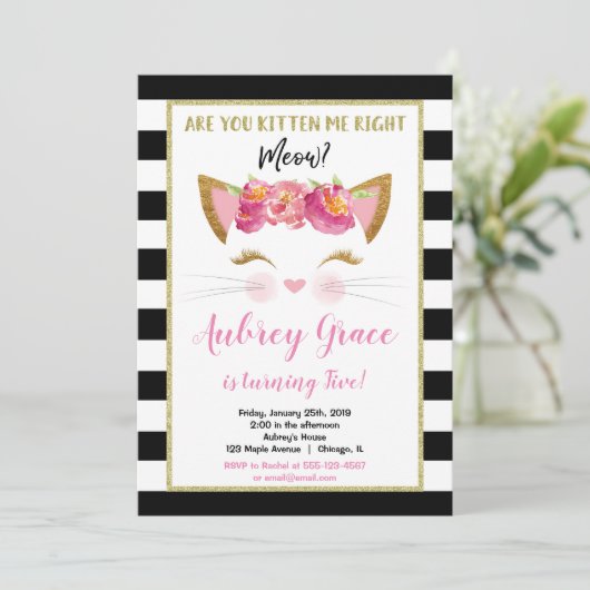Invitation Chaton chaton en or blanc noir fête d'anniversaire (Debout devant)