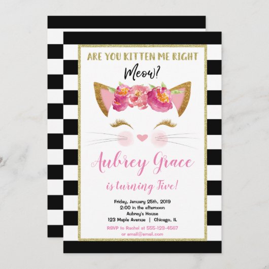 Invitation Chaton chaton en or blanc noir fête d'anniversaire (Devant / Derrière)