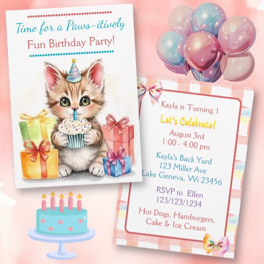 Invitation Chaton d'anniversaire doux coloré