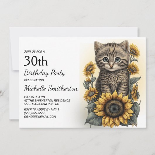 Invitation Chaton gris tabby Chat Fleurs de soleil 30e annive (Devant)