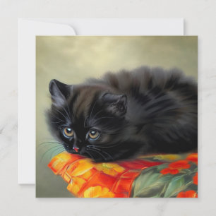 Invitation Chaton noir vintage avec couverture de fleurs roug