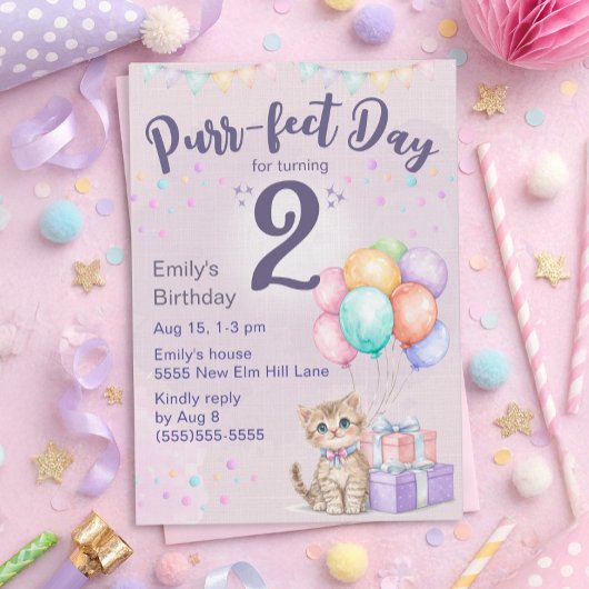 Invitation Chaton Pastel Fille 2ème Anniversaire