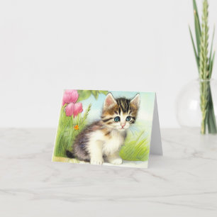 Invitation Chaton vintage blanc et Brown avec fleurs