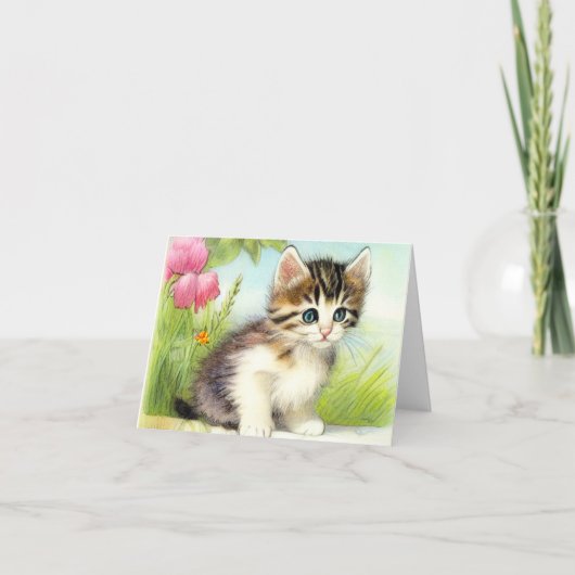 Invitation Chaton vintage blanc et Brown avec fleurs (Devant)