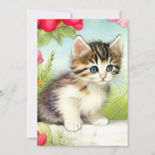 Invitation Chaton vintage blanc et Brown avec fleurs