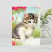 Invitation Chaton vintage blanc et Brown avec fleurs (Debout devant)