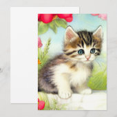 Invitation Chaton vintage blanc et Brown avec fleurs (Devant / Derrière)