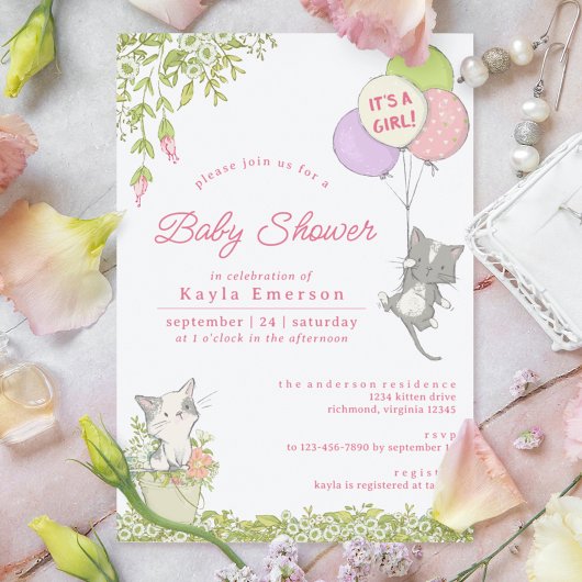 Invitation Chatons et fleurs de printemps | Baby shower fille