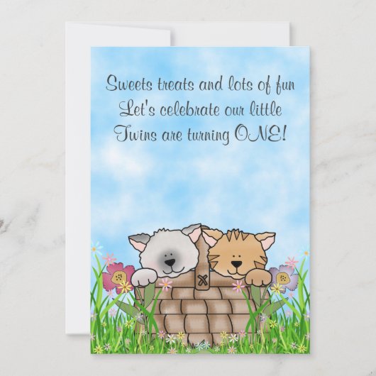 Invitation Chatons jumeaux et fleurs 1er Anniversaire Chat (Devant)