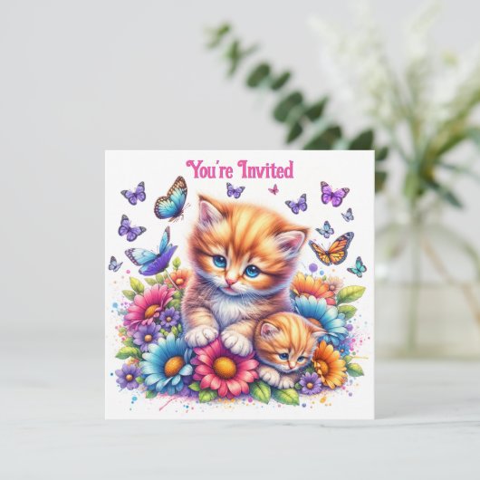 Invitation Chatons, papillons et fleurs Anniversaire (Debout devant)