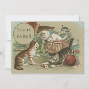 Invitation Chatons victoriens vintage jouant dans un panier à