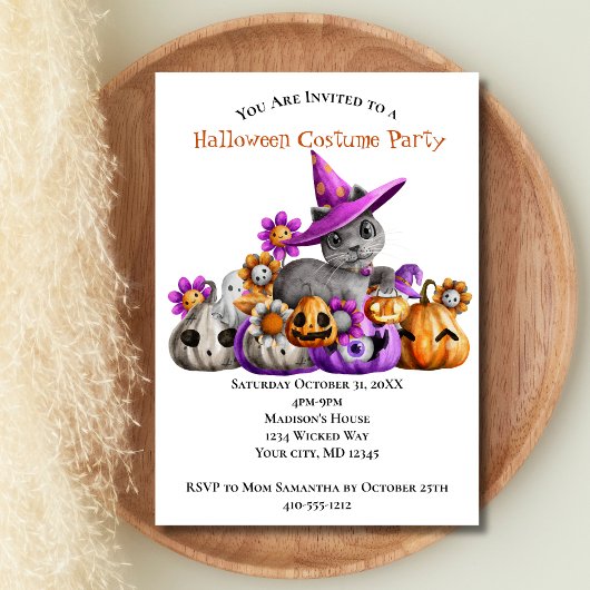 Invitation Chats Citrouilles violet orange enfants fête d'Hal