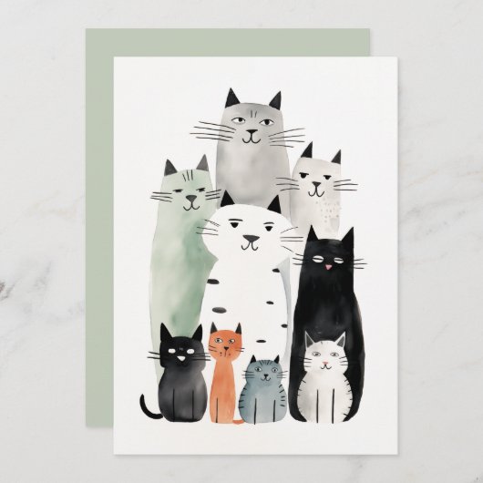 Invitation Chats et amis Aquarelle Gouache Illustration (Devant / Derrière)