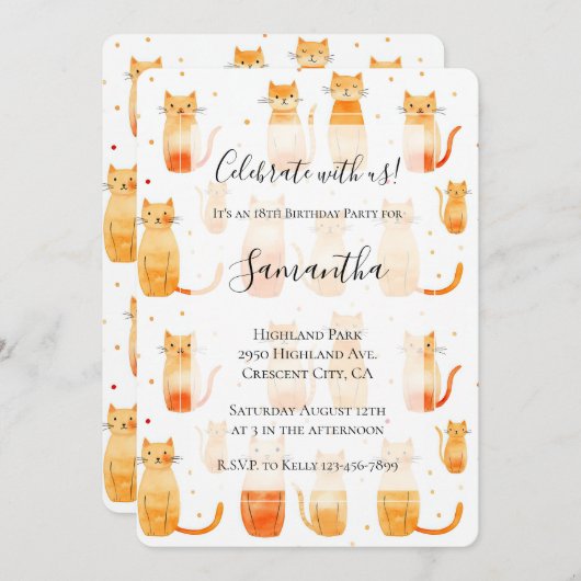 Invitation Chats Kitty Orange Blanc Anniversaire (Devant / Derrière)