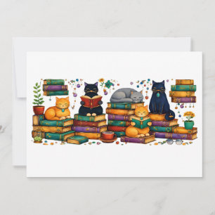 Invitation Chats lisant des livres Scène de bibliothèque cosy