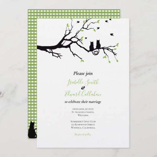 Invitation Chats Noirs en arbre vert En vichy Mariage (Devant / Derrière)