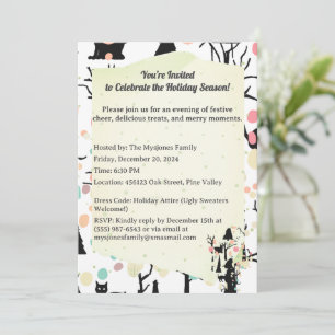 Invitation Chats noirs et branches rétro minimalistes personn