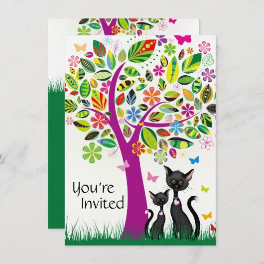 Invitation Chats noirs mignons et Baby shower d'arbre aux fle (Devant / Derrière)