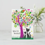 Invitation Chats noirs mignons et Baby shower d'arbre aux fle (Debout devant)
