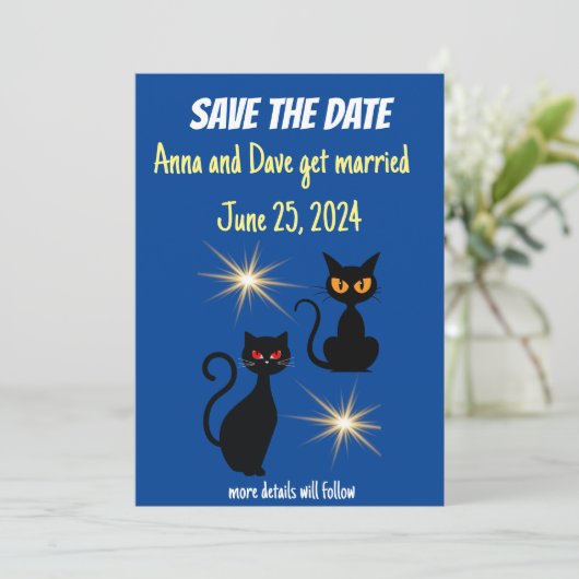 Invitation Chats noirs rétro avec starburst/Save the Date! (Debout devant)