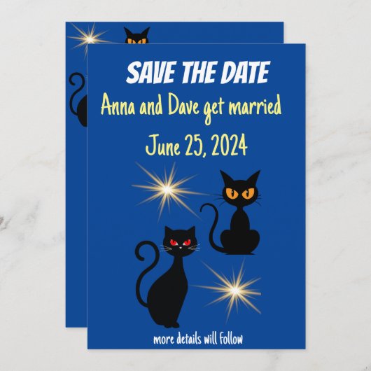 Invitation Chats noirs rétro avec starburst/Save the Date! (Devant / Derrière)