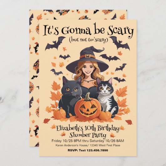 Invitation Chats sorciers chauves-souris et Citrouilles (Devant / Derrière)