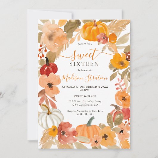 Invitation Chaud Chaud Boho citrouille floral Sweet 16 annive (Devant)