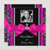 Invitation Chaud rose Bow Anniversaire de fête Silver Photo (Devant / Derrière)