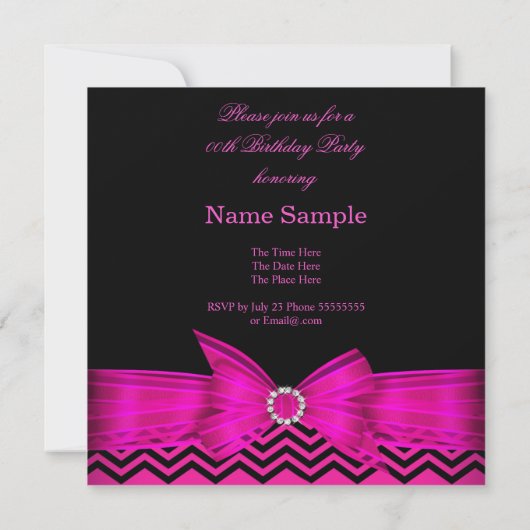 Invitation Chaud rose Bow noir Chevron rayures fête d'anniver (Dos)