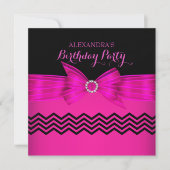 Invitation Chaud rose Bow noir Chevron rayures fête d'anniver (Devant)