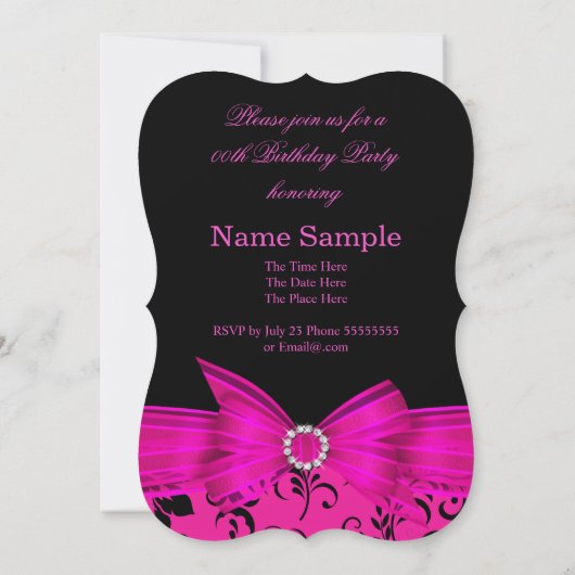 Invitation Chaud rose Bow noir Damask fête d'anniversaire (Dos)
