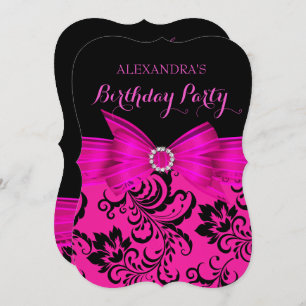 Invitation Chaud rose Bow noir Damask fête d'anniversaire