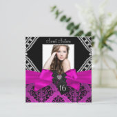 Invitation Chaud rose diamant Bow & Black Damask Photo Sweet (Debout devant)